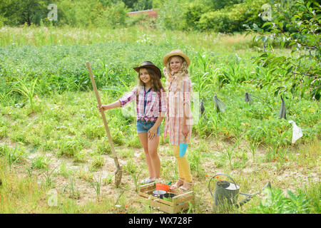 Agriculture concept. Sisters together helping at farm. Planting vegetables. Growing vegetables. Hope for nice harvest. Girls planting plants. Rustic children working in garden. Planting and watering. Stock Photo