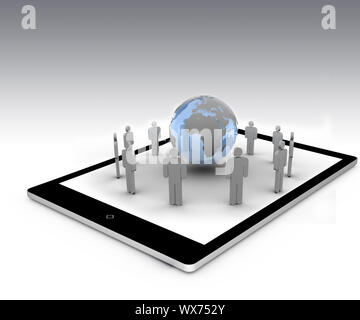 Stick figures standing around the blue globe on a tablet pc Stock Photo