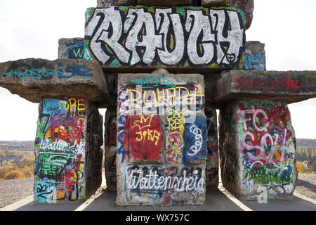 graffiti on the stairs of heaven, spoil tip Rhine Elbe, Gelsenkirchen, Ruhr Area, Germany, Europe Stock Photo