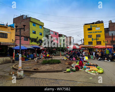 Caqueta shoe market at Lima Peru, also fruit and meat market Stock Photo