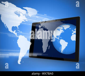 Tablet Computer projecting image of globe out on blue background Stock Photo