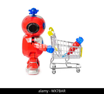 Toy robot and shopping cart with hand Stock Photo