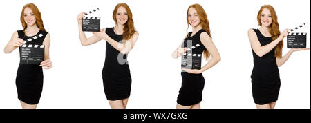 Young woman in black dress holding clapper-board Stock Photo