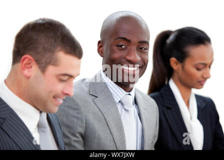 Self-assured multi-ethnic business people in a meeting against a white background Stock Photo