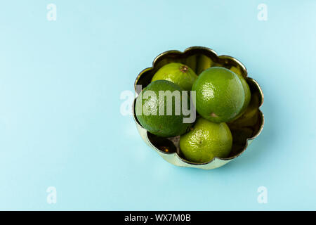 Freshly lime fruits on trendy light blue background Stock Photo