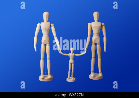 Family - wooden toy figures on blue Stock Photo