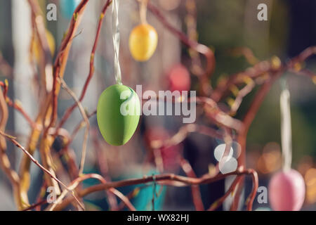 Easter eggs on tree with bokeh Stock Photo