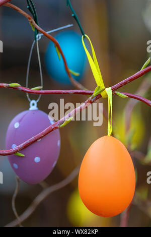 Easter eggs on tree with bokeh Stock Photo