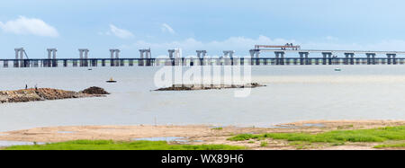 bridge construction panorama on lake Stock Photo