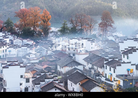 shicheng village landscape in late autumn early morning Stock Photo