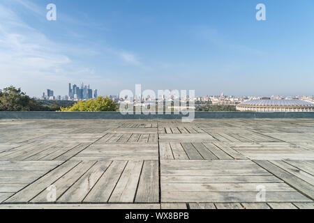 moscow city skyline and empty wooden floor Stock Photo