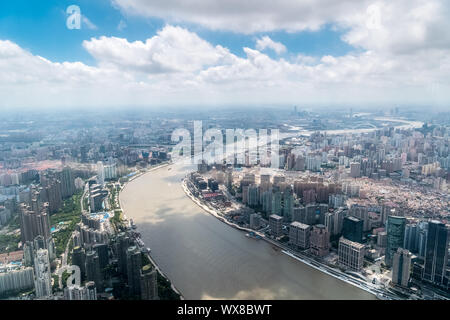 Aerial View of Shanghai skyline with with winding river Stock Photo - Alamy