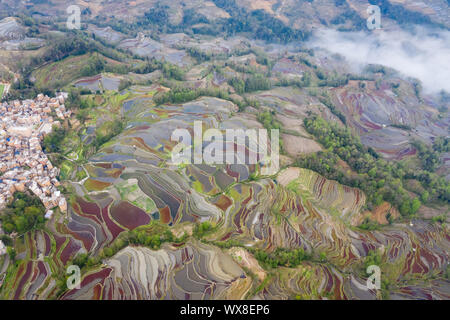 aerial view of terraced fields in valley Stock Photo