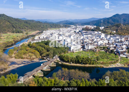 aerial view of rainbow bridge and ancient town Stock Photo