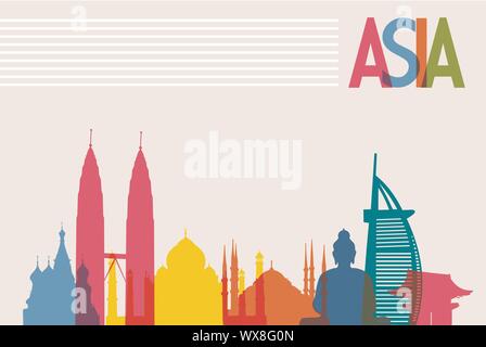 Diversity monuments of Asia, famous landmark colors transparency Stock Vector