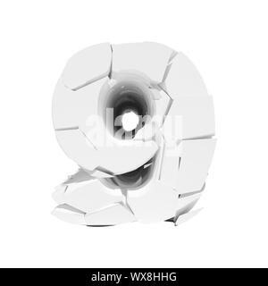 Isolated cracked number 9 on a white background. 3D render. Stock Photo