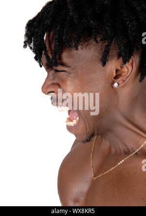 A close up image of a screaming black man in profile Stock Photo