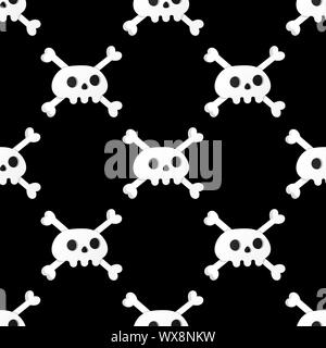 Seamless pattern with white skulls and crossing bones isolated on black background flat style design vector illustration. Stock Vector