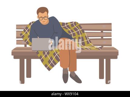 Young man sitting on the bench with plaid and working with laptop. Flat modern hand-draw illustration of social networking isolated on a white Stock Vector