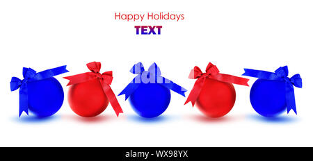 Red and blue baubles with bows, Christmas tree ornaments and holiday decorations isolated on white background Stock Photo