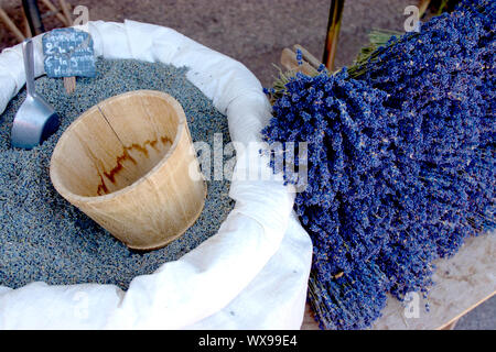 The beautiful lavender found throughout Provence, France. It's sold in many ways at the street market - from soaps to dried flowers, to incense. Stock Photo