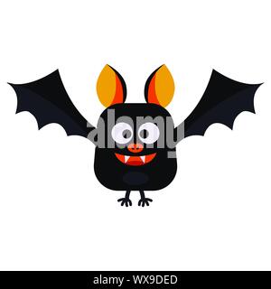 Vector flat style illustration - cartoon cute smiling and flying Happy Halloween black bat isolated on white background. Stock Vector