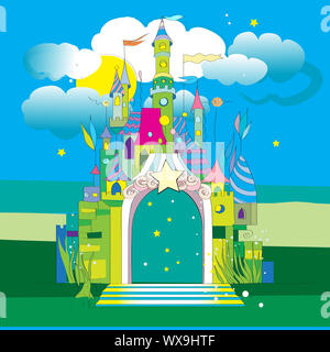 Hand drawn illustration of a fairytale castle on a green meadow under a blue cloudy sky of a starry night Stock Photo
