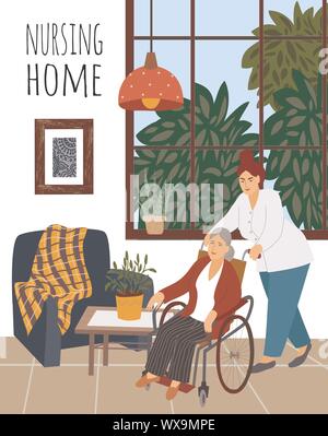 Nursing home. A nurse is pushing a wheelchair with an elderly disabled woman against an interior background with furniture, flowers and a window Stock Vector