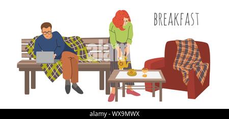 The family is going to have breakfast. The wife pours tea, the husband sits on a bench with a laptop. Flat vector cartoon illustration isolated on Stock Vector