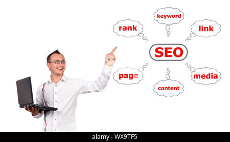 man with a laptop in hand points to seo Stock Photo