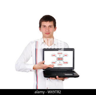 man with laptop in hand and scheme seo Stock Photo
