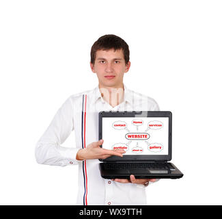 man with a laptop in hand points to scheme website Stock Photo