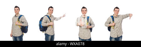 Smiling caucasian student with backpack isolated on white Stock Photo