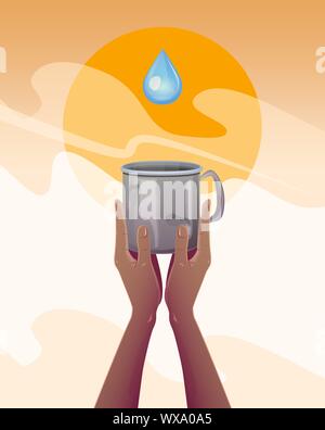 Water scarcity. hands with an empty mug, thirsty for water in a drought. Global ecology concept, flat vector illustration. Stock Vector