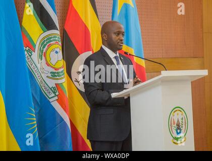 (190916) -- KIGALI, Sept. 16, 2019 (Xinhua) -- Rwandan Minister of State in Charge of East African Affairs Olivier Nduhungirehe delivers remarks at the opening ceremony of the first meeting of the ad hoc commission of the memorandum of understanding (MoU) signed in August to cease hostilities between Uganda and Rwanda, in Kigali, capital of Rwanda, on Sept. 16, 2019. Rwanda and Uganda on Monday reiterated their commitment to refraining any act of destabilization against each other following deliberations at the first meeting of the ad hoc commission of the memorandum of understanding (MoU) sig Stock Photo
