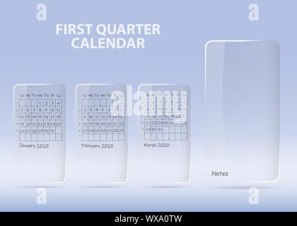 Calendar for first quarter of 2020 year on transparent labels ready for your notes. All on the blue gradient light background. Stock Vector