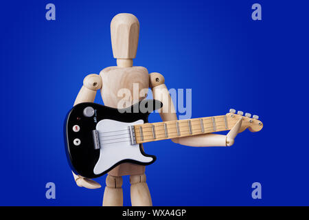 Wooden toy figure with electric guitar on blue Stock Photo