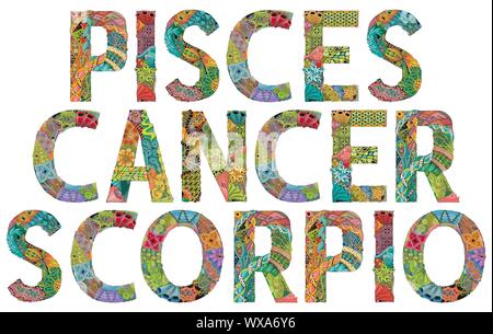 Water Signs Zodiac Pisces, Cancer and Scorpio. Vector zentangle object for decoration Stock Vector