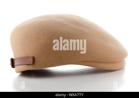 Brown retro style felt cap on white background. Stock Photo