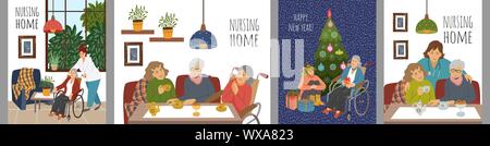Set of Cute vector illustrations of people in a nursing home. Happy elderly women spending leisure time together celebrating holidays and receiving Stock Vector