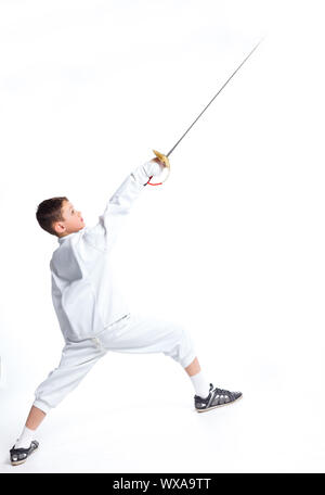 Child epee fencing lunge. Isolated on white background. Stock Photo