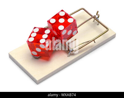 Two Red Dice On Mouse Trap Isolated on White Background. Stock Photo