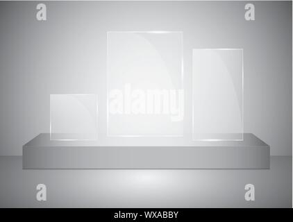 A rectangular podium with a glass pedestal or platform illuminated by spotlights on a gray background. Scene with picturesque lights. Vector Stock Vector