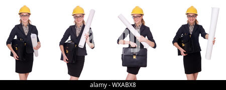 Female architect with blueprint isolated in white Stock Photo