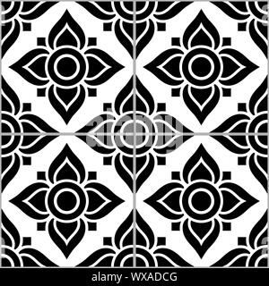 Azujelo Lisbon tile vector pattern - Lisbon tiles seamless design with flowers , tile decor in black and white - Portuguese retro tile ornament, repet Stock Vector