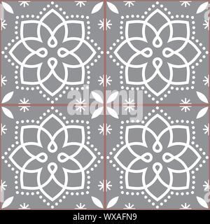 Geometric Azulejo vector tile seamless pattern inspired by Portuguese art, Lisbon style gray and white tiles background Stock Vector