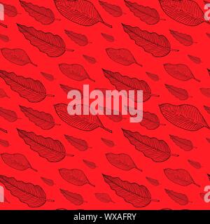 Seamless pattern with philodendron and banana tree leaves or feathers. Doodle sketch. Black outlines on red background. Trendy texture for digital paper, fabric, decorative backdrops, christmas wrapping. Vector illustration. EPS10 Stock Vector