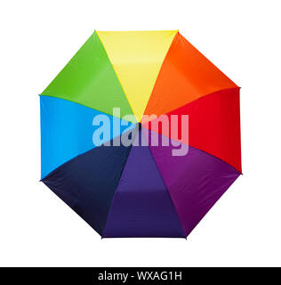 Top View of a Rainbow Colored Umbrella Cut Out on White. Stock Photo