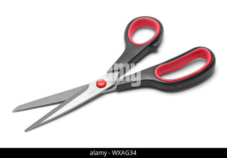 Red and Black Fabric Scissors Isolated on White. Stock Photo