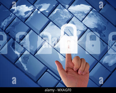 Internet security concept, hand and key on world map blue background, network protection, Elements of this image furnished by NASA Stock Photo